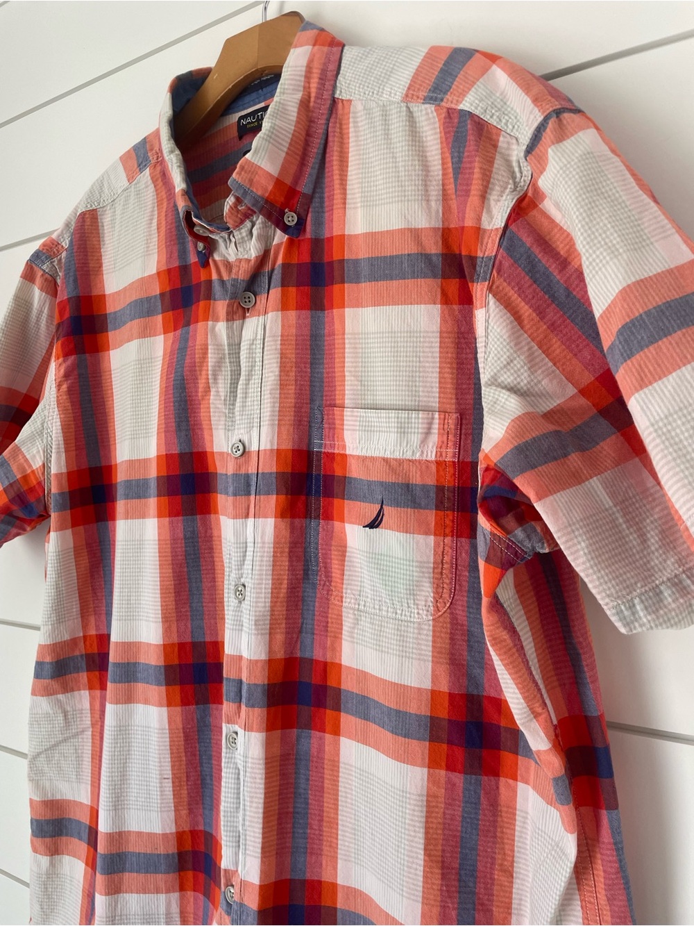 Nautica Men’s woven Short Sleeve Plaid Button-Down Shirt - White Orange Blue